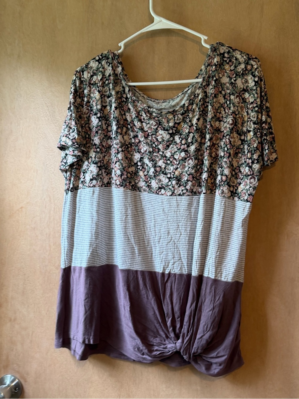Maurices Floral & Striped Colorblock Short Sleeve Top - Mauve, Cream, Black